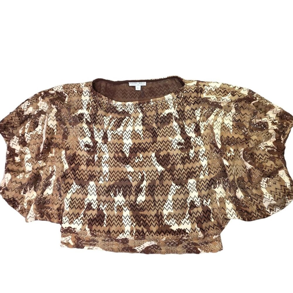 Alberto Makali Top Women L Brown Crochet Abstract Knit Batwing Crop Urban Chic